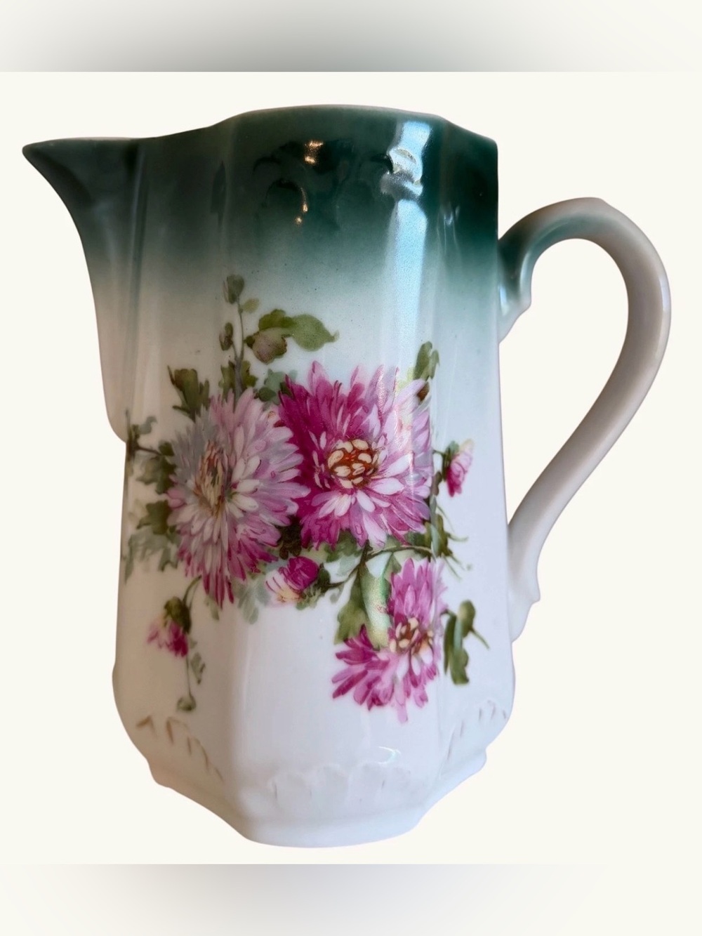 German Porcelain Floral Pitcher Teal & Pink Floral 6.5” Antique